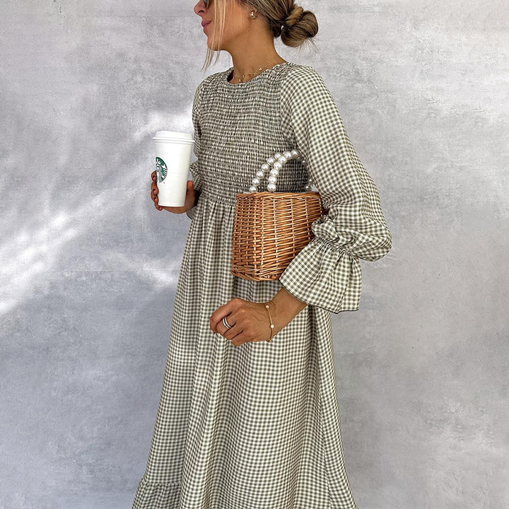 Joana | Elegant Gathered Check Midi Dress