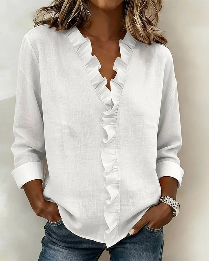Teresa | Blouse with Ruffles, V-Neck and Long Sleeves