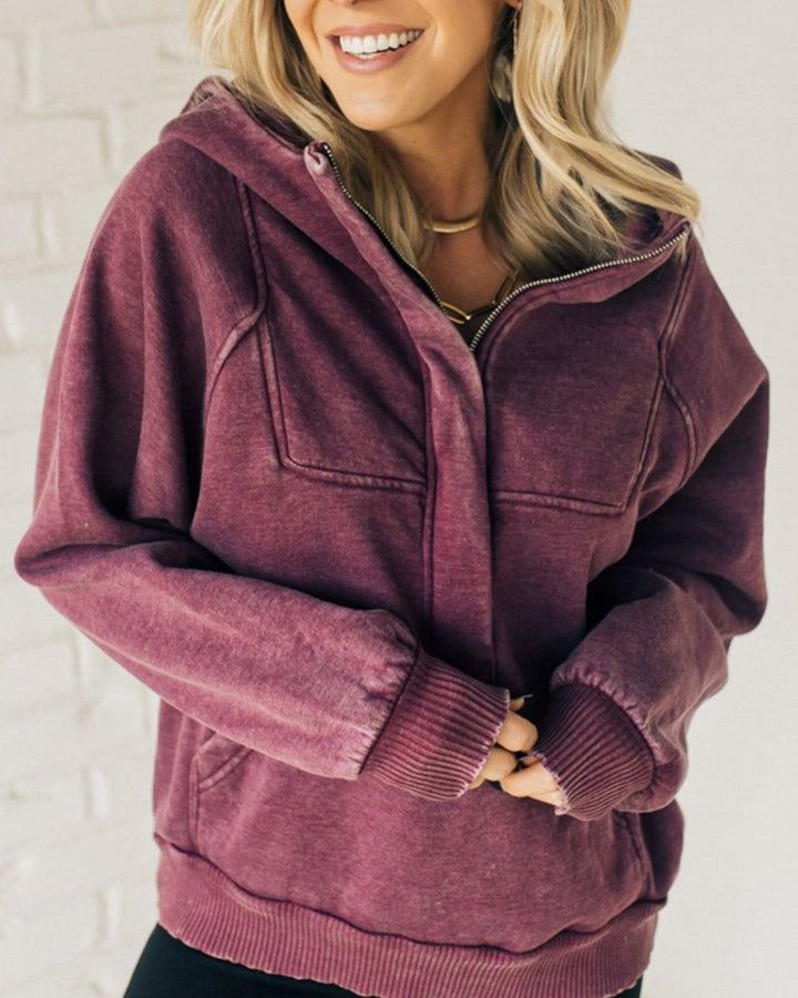 Steffie | Casual Henley Acid Wash Half-Zip Fleece Hoodie