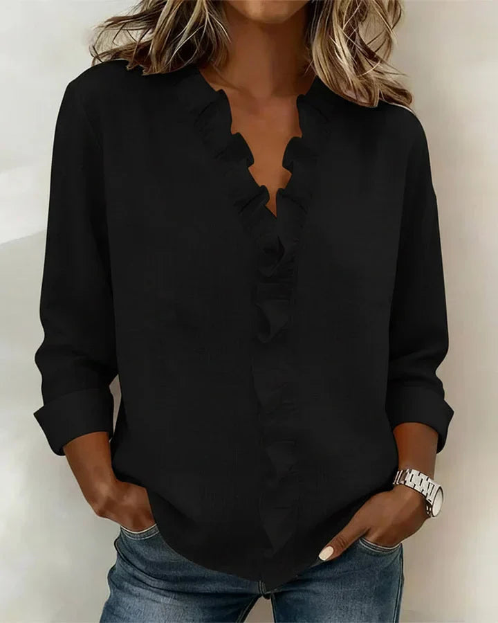 Teresa | Blouse with Ruffles, V-Neck and Long Sleeves