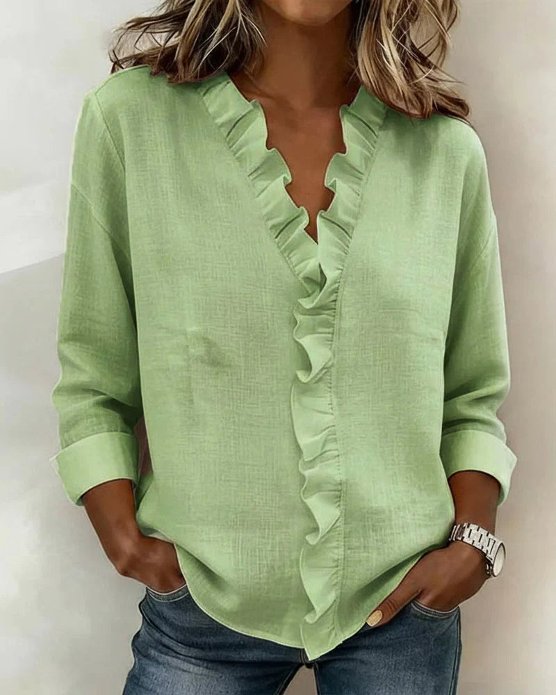 Teresa | Blouse with Ruffles, V-Neck and Long Sleeves