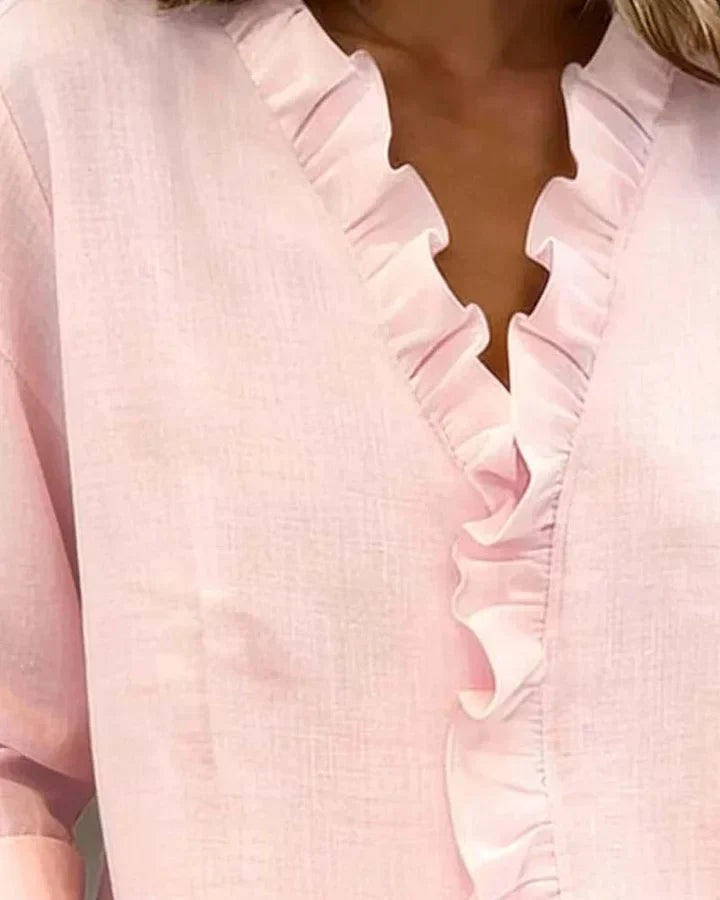 Teresa | Blouse with Ruffles, V-Neck and Long Sleeves