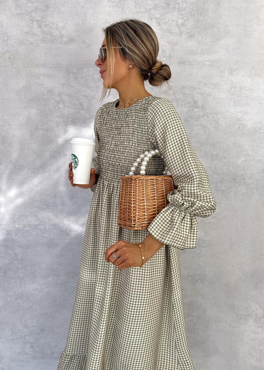 Joana | Elegant Gathered Check Midi Dress