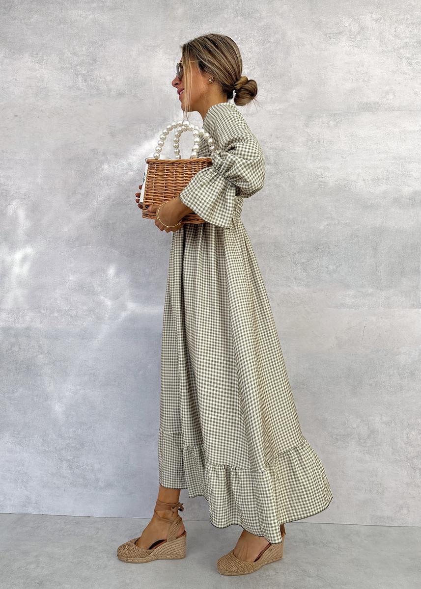 Joana | Elegant Gathered Check Midi Dress