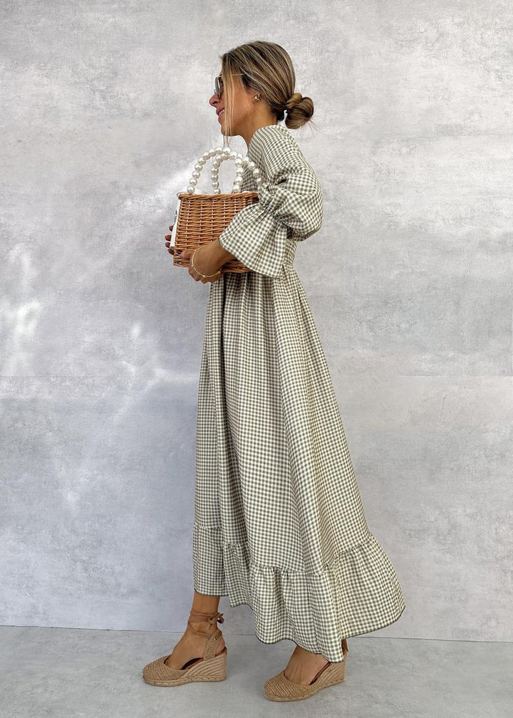 Joana | Elegant Gathered Check Midi Dress