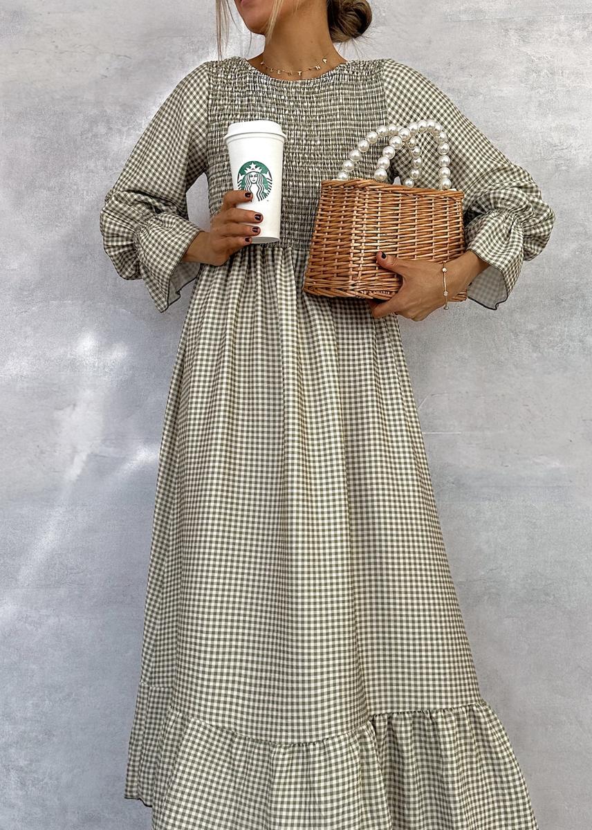 Joana | Elegant Gathered Check Midi Dress