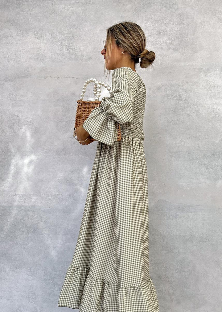 Joana | Elegant Gathered Check Midi Dress
