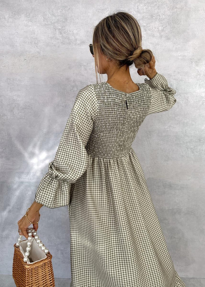 Joana | Elegant Gathered Check Midi Dress