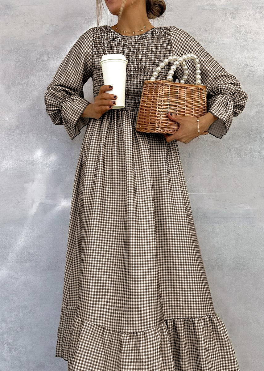 Joana | Elegant Gathered Check Midi Dress