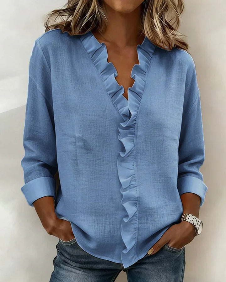 Teresa | Blouse with Ruffles, V-Neck and Long Sleeves