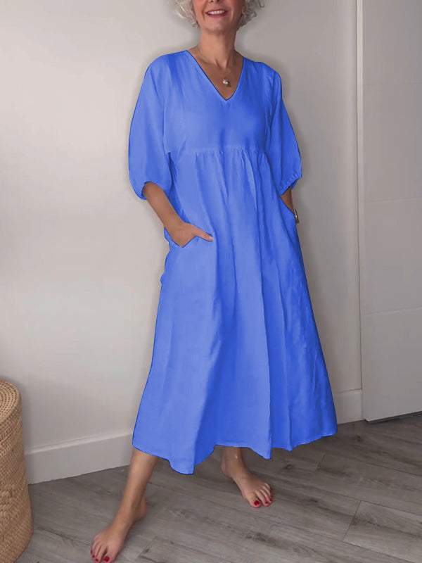 Eva | Casual V-Neck Midi Dress with Pockets