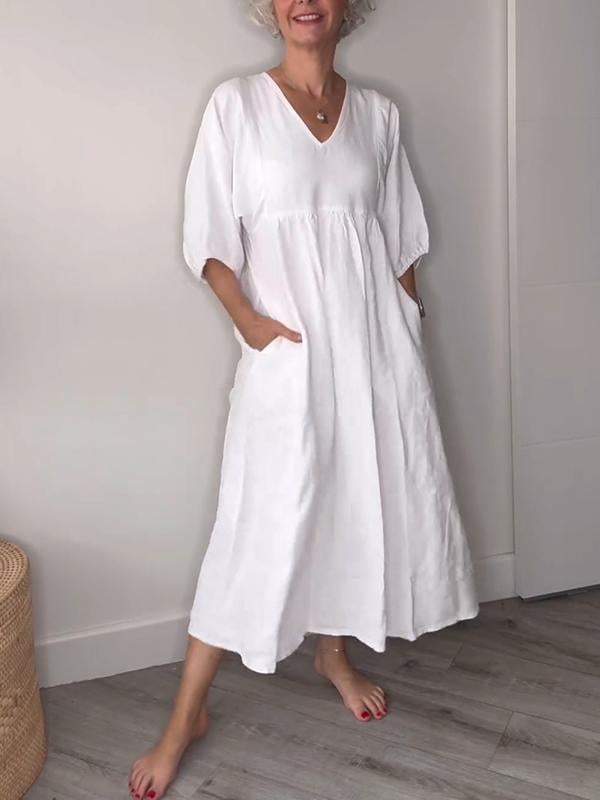Eva | Casual V-Neck Midi Dress with Pockets