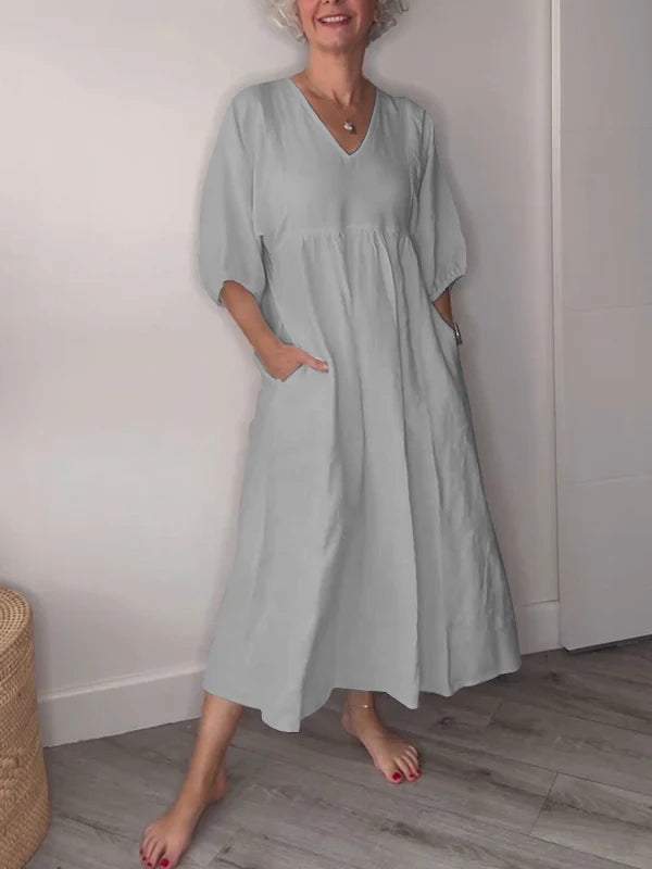 Eva | Casual V-Neck Midi Dress with Pockets