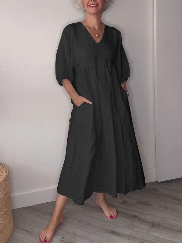 Eva | Casual V-Neck Midi Dress with Pockets