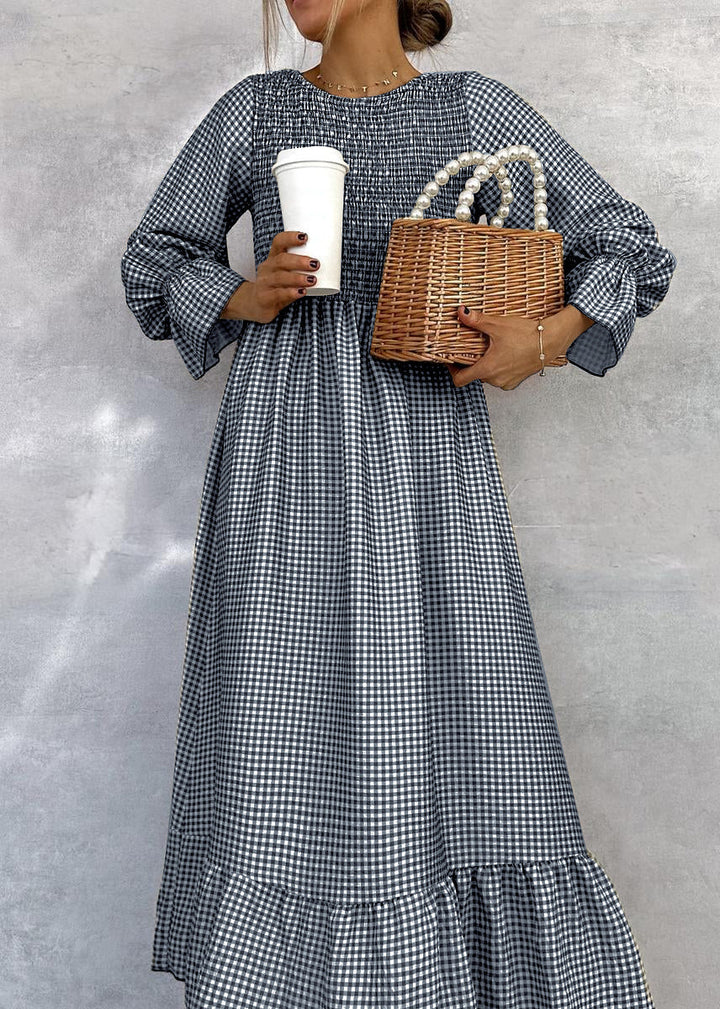 Joana | Elegant Gathered Check Midi Dress