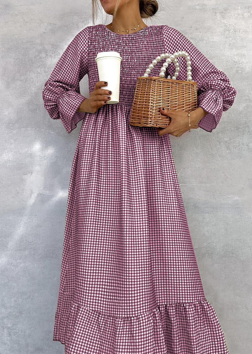 Joana | Elegant Gathered Check Midi Dress