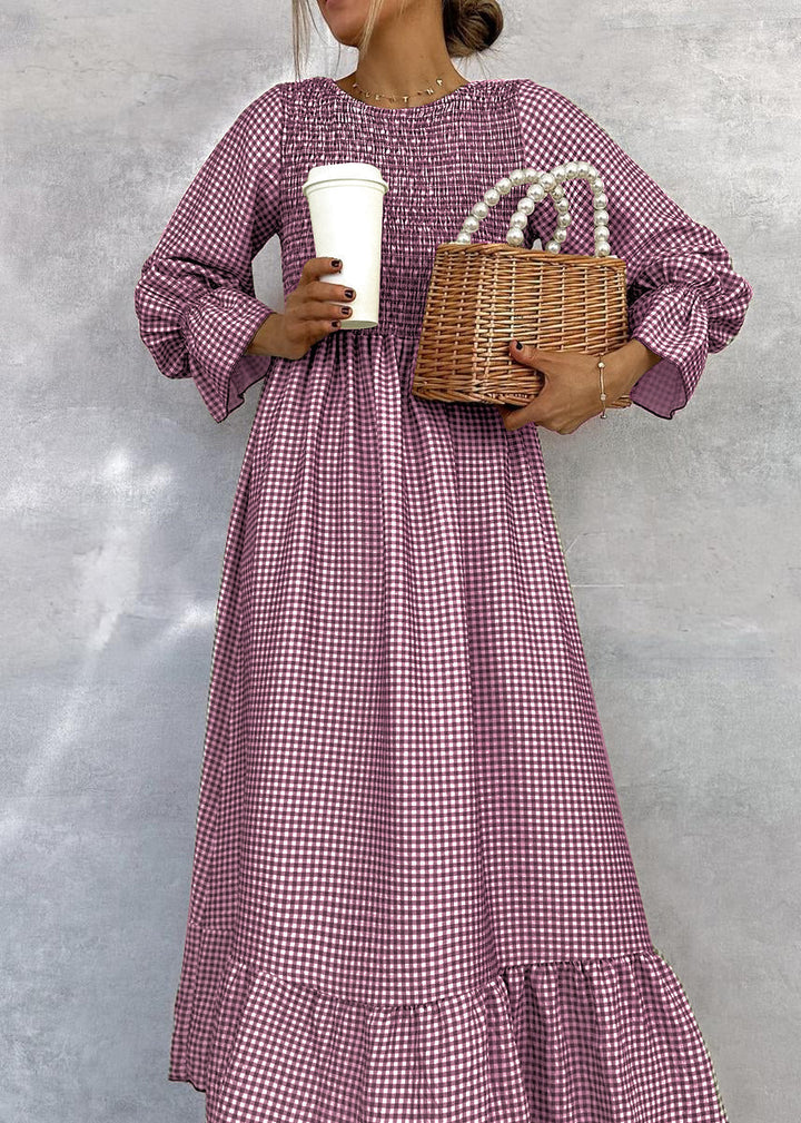 Joana | Elegant Gathered Check Midi Dress